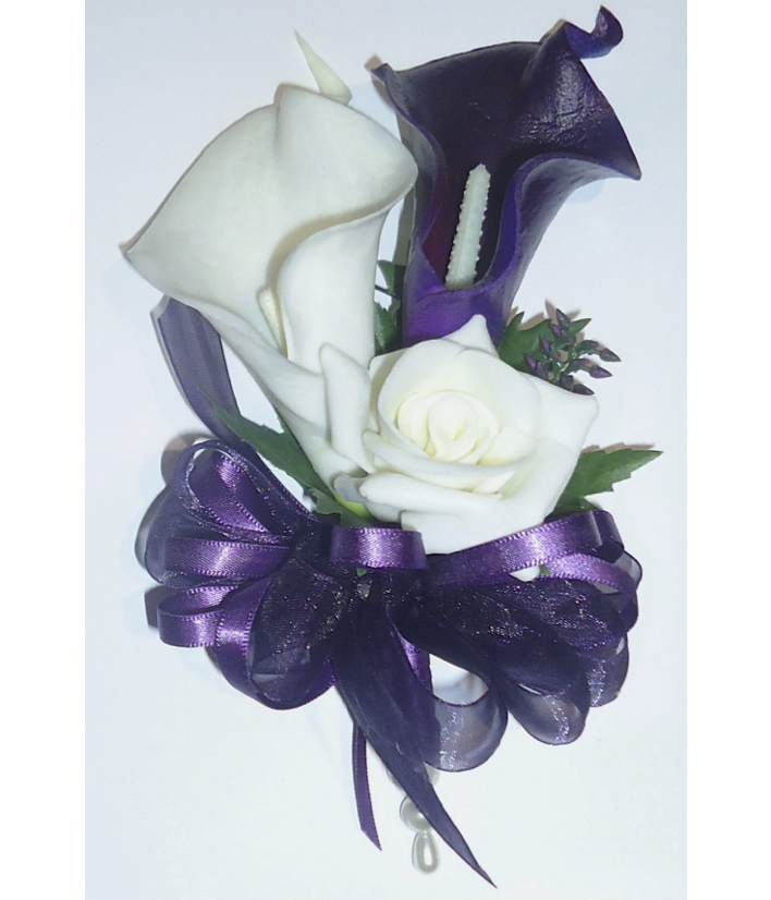 Beautiful Lifelike Purple & Ivory Calla Lily & Rose Corsage
